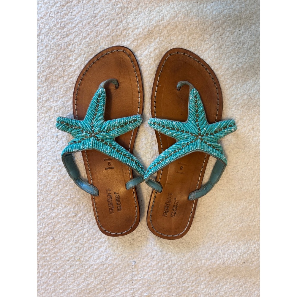 Kristens Kloset Turquoise Beaded Starfish Leather Thong Sandals Mens 8
